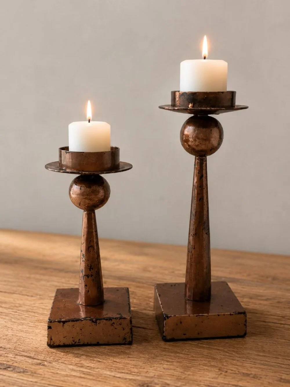 Rustic Metal Pillar Candle Holders (2) Distressed Farmhouse Decor Made in India